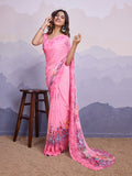 Pink Poly Chiffon Saree With Blouse Piece