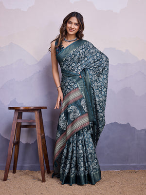 Blue Poly Silk Festival Saree With Blouse Piece