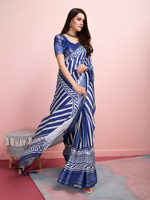 Blue & White Silk Blend Daily Wear Saree With Blouse Piece