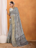 Grey Silk Blend Saree With Blouse Piece