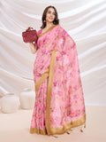 Pink Banarasi Cotton Festive Wear Saree With Blouse Piece