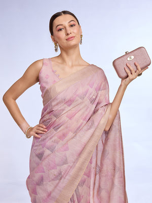 Pink Tissue Linen Saree With Blouse Piece