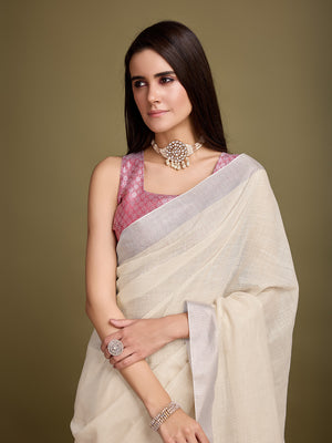 Beige Linen Daily Wear Saree With Blouse Piece