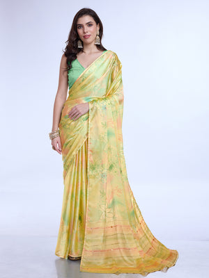 Yellow Poly Chiffon Festive Wear Saree With Blouse Piecde