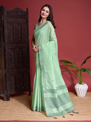 Green Linen Saree With Blouse Piece