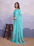 Turquoise Poly Chiffon Saree With Blouse Piece