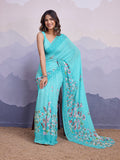 Turquoise Poly Chiffon Saree With Blouse Piece