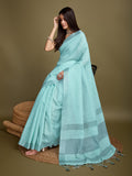 Turquoise Blue Linen Daily Wear Saree With Blouse Piece