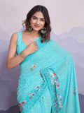 Turquoise Poly Chiffon Saree With Blouse Piece