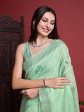 Green Linen Saree With Blouse Piece