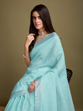 Turquoise Blue Linen Daily Wear Saree With Blouse Piece