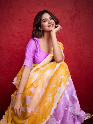 Lavender Poly Chiffon Saree With Blouse Piece