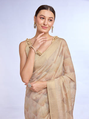 Cream Tissue Linen Saree With Blouse Piece