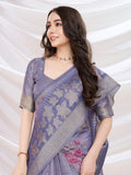 Purple Cotton Blend Festive Wear Saree With Blouse Piece