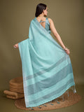 Turquoise Blue Linen Daily Wear Saree With Blouse Piece