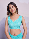 Turquoise Poly Chiffon Saree With Blouse Piece