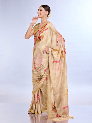 Beige  Satin Saree With Blouse Piece