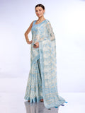 Blue Linen Blend Saree With Blouse Piece