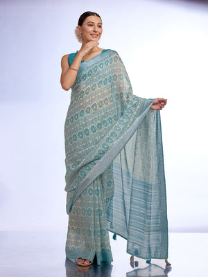 Sea Green Linen Saree With Blouse Piece