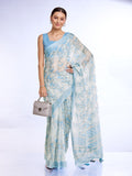 Blue Linen Blend Saree With Blouse Piece