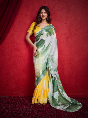 Green Poly Chiffon Saree With Blouse Piece