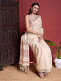 Beige  Linen Saree With Blouse Piece