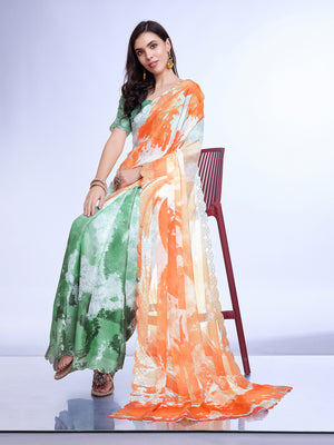 Orange Poly Chiffon Festival Saree With Blouse Piece