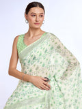 Green Linen Blend Saree With Blouse Piece