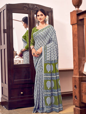 Grey And Green Mulmul Cottons Saree With Blouse Piece