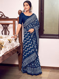 Blue  Mulmul Cottons Saree With Blouse Piece