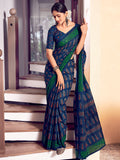 Blue And Green Mulmul Cottons Saree With Blouse Piece