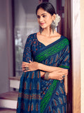 Blue And Green Mulmul Cottons Saree With Blouse Piece