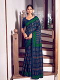 Blue And Green Mulmul Cottons Saree With Blouse Piece