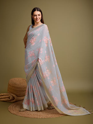 Grey Tissue Saree With Blouse Piece