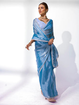 Turquoise Blue Organza Party Wear Saree With Blouse Piece