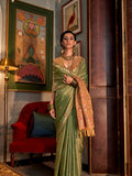 Green Tussar Silk Blend Saree With Blouse Piece