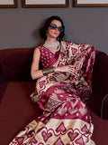 Maroon & Beige Patola Printed Satin Crepe Saree With Blouse Piece