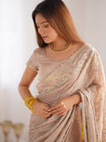 Cream Silk Blend Saree With Blouse Piece