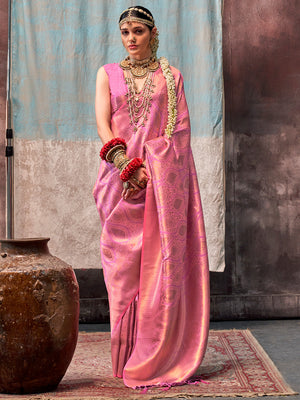 Pink Kanjivaram Silk Saree With Blouse Piece