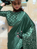 Green Satin Crepe Saree With Blouse Piece