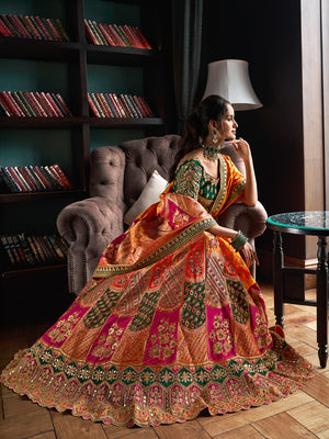 Multicolor & Green Banarasi Silk Semi Stitched Lehenga