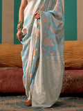 Sky Blue Party Wear Linen Saree With Blouse Piece