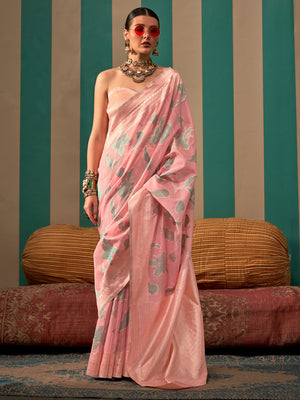 Pink Party Wear Linen Saree With Blouse Piece