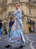 Blue Printed Poly Brasso Saree With Blouse Piece