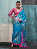 Blue Printed Party Wear Silk Saree With Blouse Piece