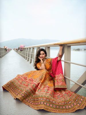 Yellow & Pink Banarasi Silk Lehenga Choli