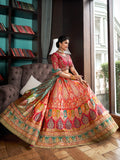 Multicolor & Pink Banarasi Silk Semi Stitched Lehenga