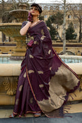 Wine Banarasi Silk Saree With Blouse Piece