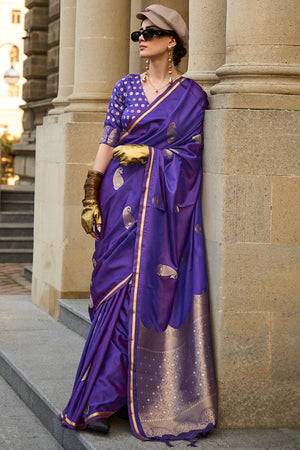 Purple Banarasi Silk Saree With Blouse Piece