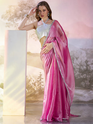 Pink Organza Solid Saree With Blouse Piece